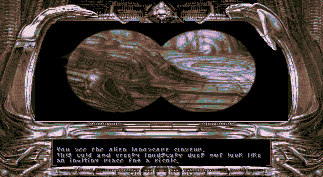 Dark Seed (DOS) screenshot: A view through binoculars on the alien landscape