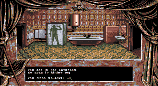 Dark Seed (DOS) screenshot: Taking shower in the bathroom is everyday ritual