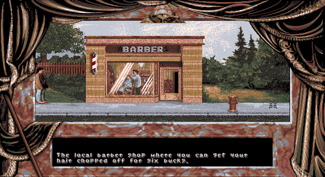 Dark Seed (DOS) screenshot: Local barber serving a customer