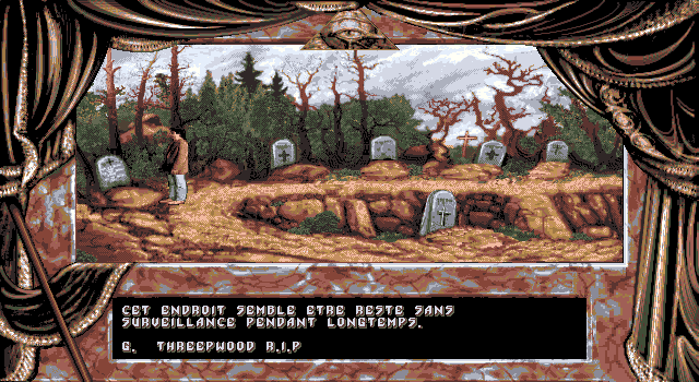 Dark Seed (DOS) screenshot: Interesting name on one of the tombstones