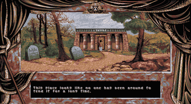 Dark Seed (DOS) screenshot: In front of the creepy mausoleum in the cemetery