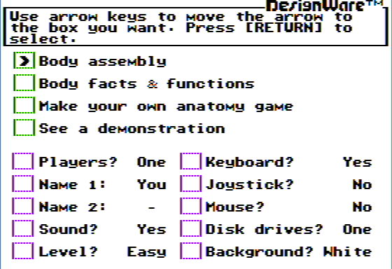 The Body Transparent (Apple II) screenshot: Main Menu