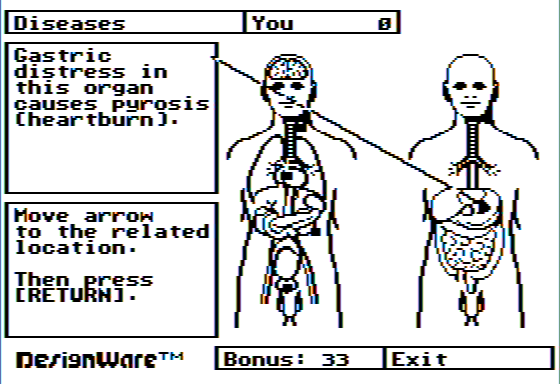 The Body Transparent (Apple II) screenshot: Matching Diseases to Organ