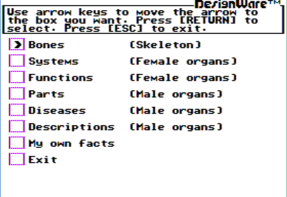 The Body Transparent (Apple II) screenshot: Body Facts & Functions Options