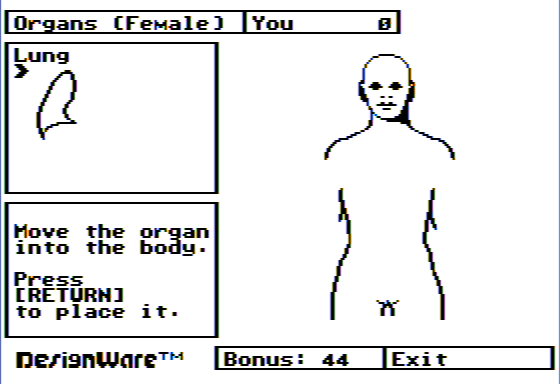 The Body Transparent (Apple II) screenshot: Placing the Lungs