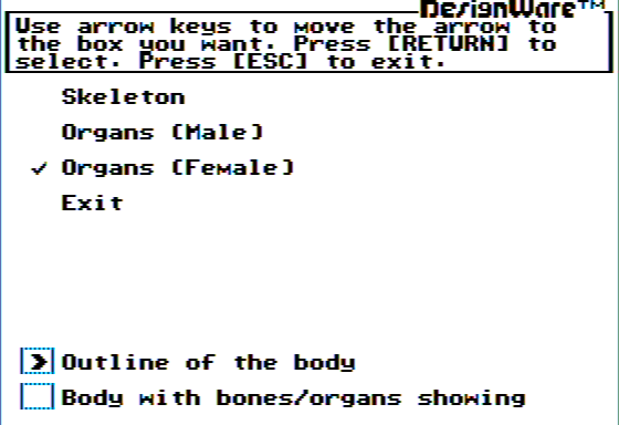 The Body Transparent (Apple II) screenshot: Body Assembly Options