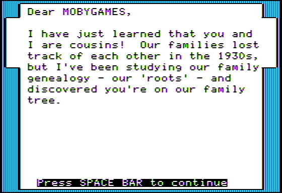 Search (Apple II) screenshot: My Cousin Sara Sends a Letter