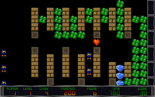 Lomax Boulders II: Sea of Diamonds (DOS) screenshot: Clearing walls for the slime to grow.