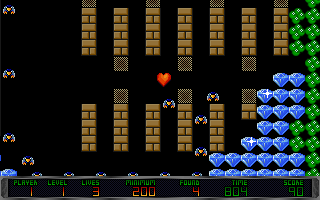 Lomax Boulders II: Sea of Diamonds (DOS) screenshot: If a bird touches the slime it'll explode into more diamonds.