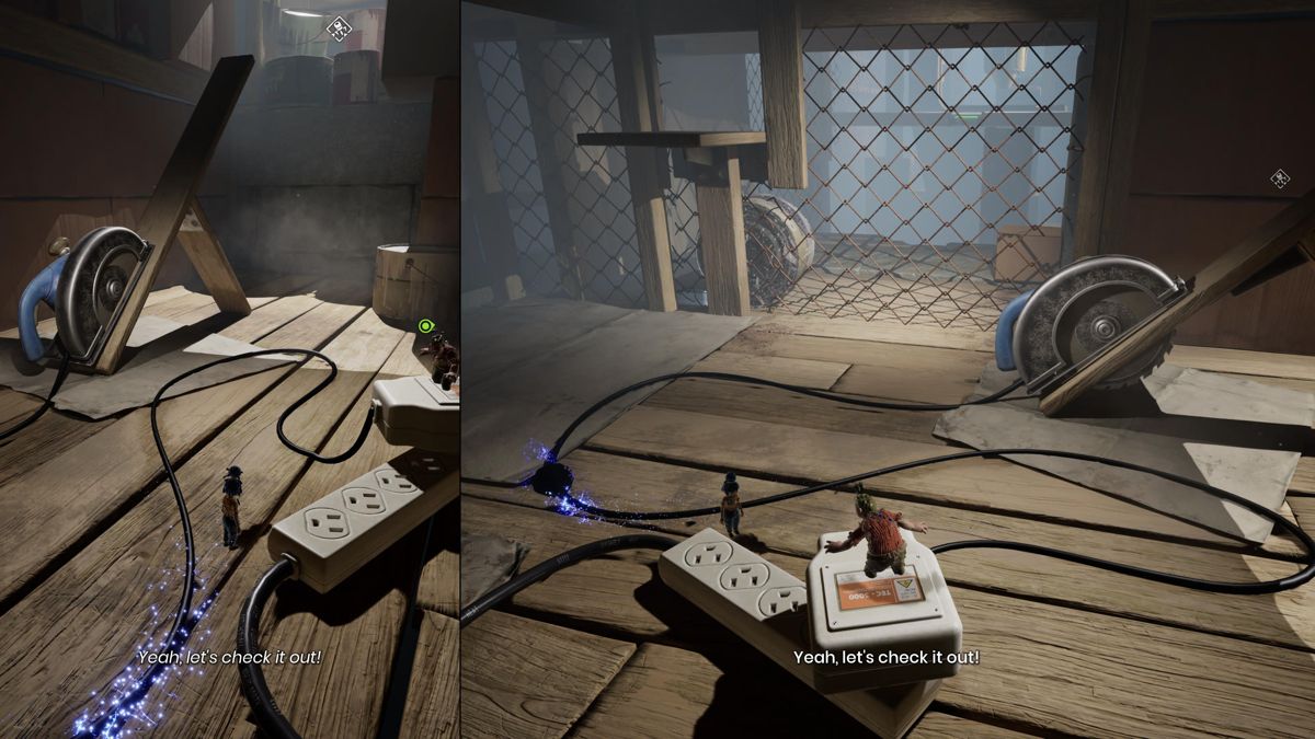 It Takes Two (PlayStation 5) screenshot: Connecting the handsaw's power cable