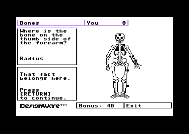 The Body Transparent (Commodore 64) screenshot: Labeling Bones
