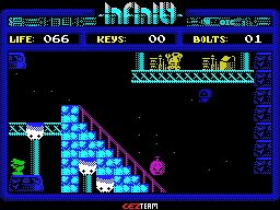 Phantomas Saga: Infinity (ZX Spectrum) screenshot: Now how to get up there.