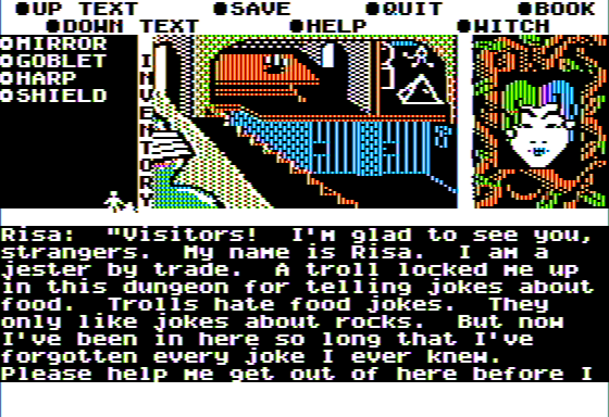 Microzine #26 (Apple II) screenshot: The Wizard of Darkling Wood - A Jester Is Locked Beneath the Castle