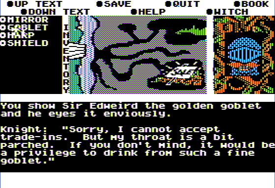 Microzine #26 (Apple II) screenshot: The Wizard of Darkling Wood - I Receive a Shield