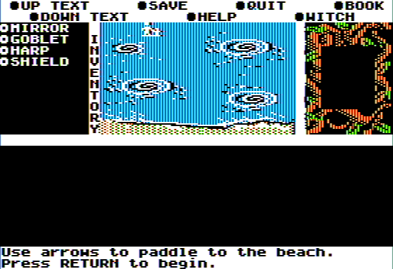 Microzine #26 (Apple II) screenshot: The Wizard of Darkling Wood - Whirlpools Offer Danger