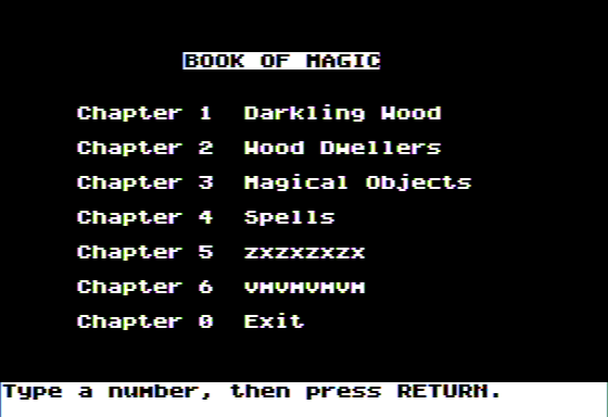 Microzine #26 (Apple II) screenshot: The Wizard of Darkling Wood - Perusing the Book of Spells