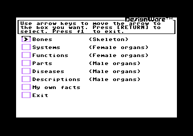 The Body Transparent (Commodore 64) screenshot: Body Facts and Functions