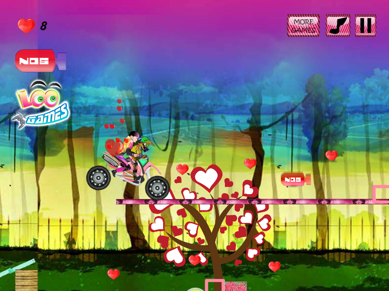 Valentine's Motocross Day (Browser) screenshot: The Couple jumping up a ledge.