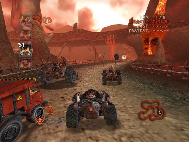 Earache Extreme Metal Racing (Windows) screenshot: Taking the Society 1 vehicle on the first track