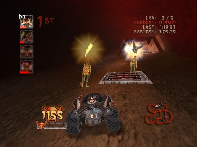 Earache Extreme Metal Racing (Windows) screenshot: Two zombies holding power-ups, one of which is standing on a turbo boost tile.