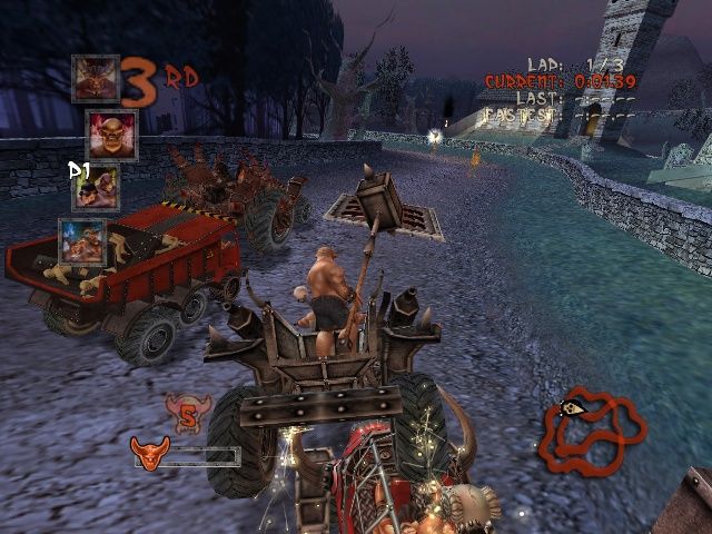 Earache Extreme Metal Racing (Windows) screenshot: Battling opponents on the Biomechanical vehicle