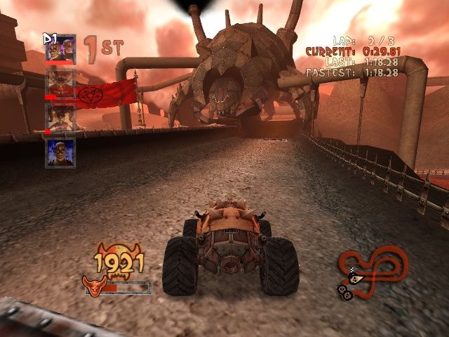 Earache Extreme Metal Racing (Windows) screenshot: The Defiler is a giant metal beast that eats human corpses fed through a conveyor belt.