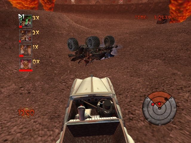 Earache Extreme Metal Racing (Windows) screenshot: Hit a vehicle in the deathmatch arena