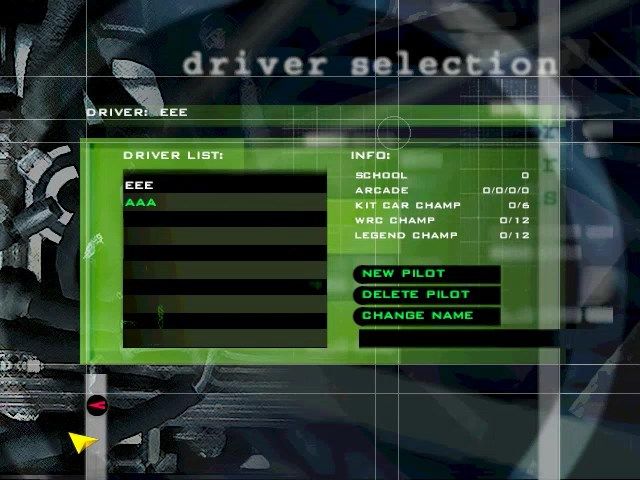 Pro Rally 2001 (Windows) screenshot: Driver menu - pilots can be selected, created or deleted