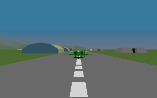 Wings of Thunder (DOS) screenshot: Behind view on the runway (VGA 320x200 mode).