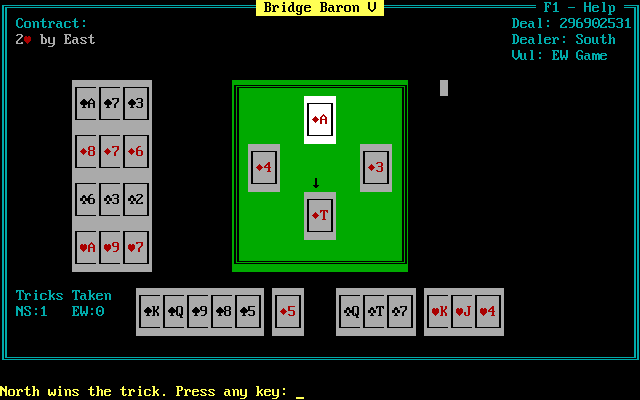 Micro Bridge Companion (DOS) screenshot: Bridge Baron V: Playing a game as South where East/West are trying to make the contract