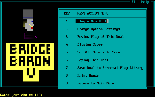 Micro Bridge Companion (DOS) screenshot: Bridge Baron V start screen and menu