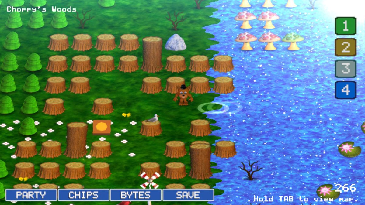 FNaF World (Windows) screenshot: Overworld, character in between Fazbear Hills and Lilygear Lake.