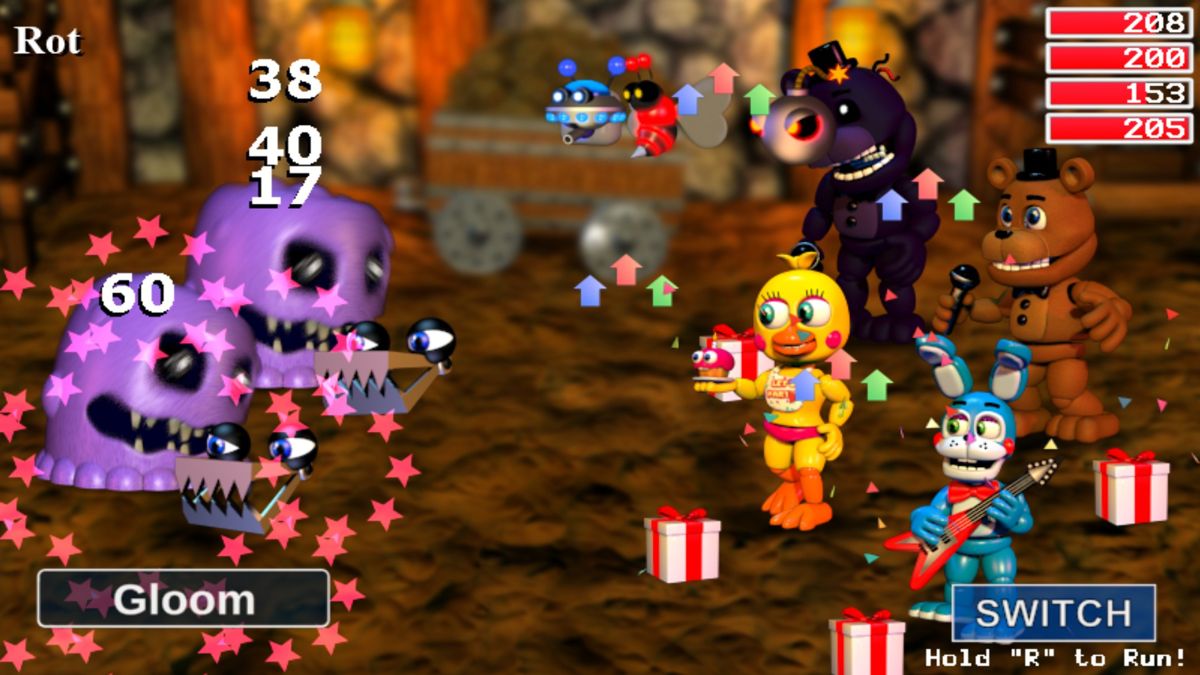 FNaF World (Windows) screenshot: A fight in the Mysterious Cave against Rots.