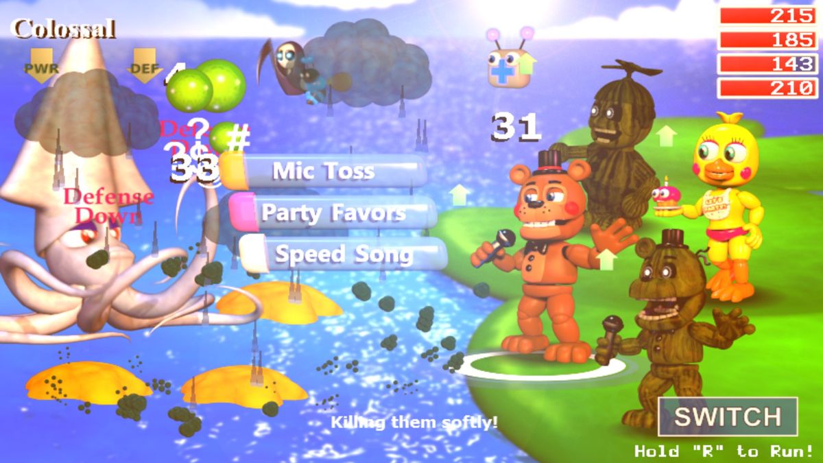 FNaF World (Windows) screenshot: Party versus Colossals in Lilygear Lake.