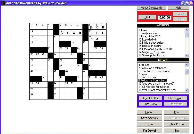 Random House Puzzles & Games: Crosswords (Windows) screenshot: A crossword being completed In the lower right are options to print, check a word or a letter etc