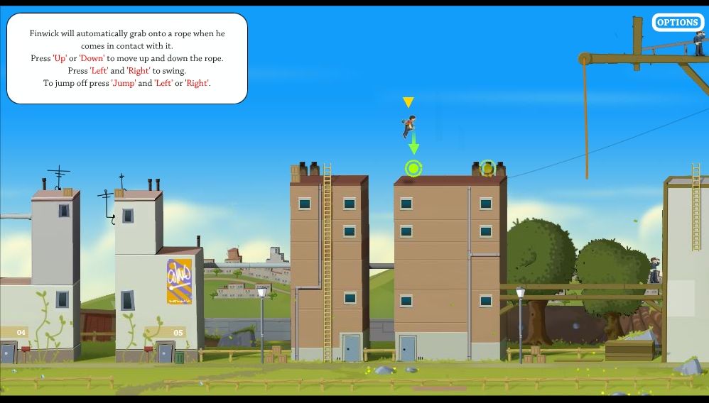 Finwick (Windows) screenshot: Apparently, delivering mail often involves roof climbing and rope swinging.