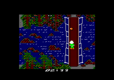 Howard the Duck (Amstrad CPC) screenshot: Dodging rocks while crossing the bridge.