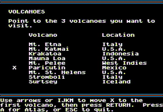 Microzine #31 (Apple II) screenshot: Volcanic Voyager - Possible Volcano Search Sites
