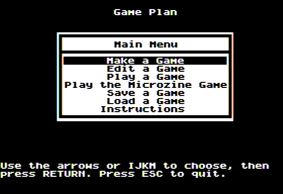 Microzine #31 (Apple II) screenshot: Game Plan - Main Menu