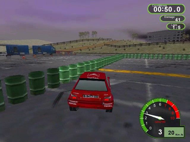 Pro Rally 2001 (Windows) screenshot: Barriers "bounce" car and deal some damage