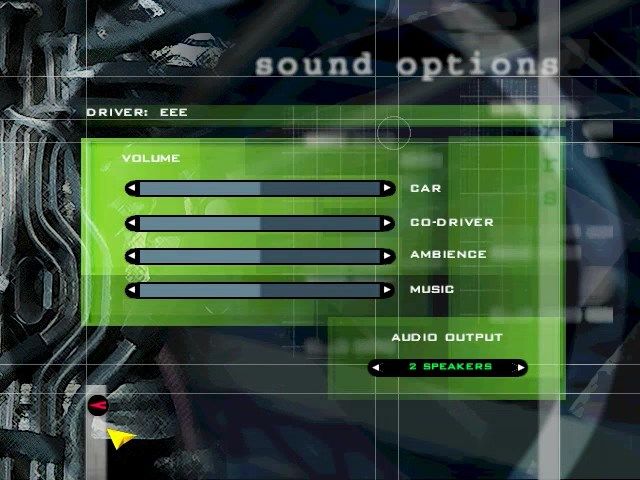 Pro Rally 2001 (Windows) screenshot: Sound options include car sounds, co-driver ambience and music volume