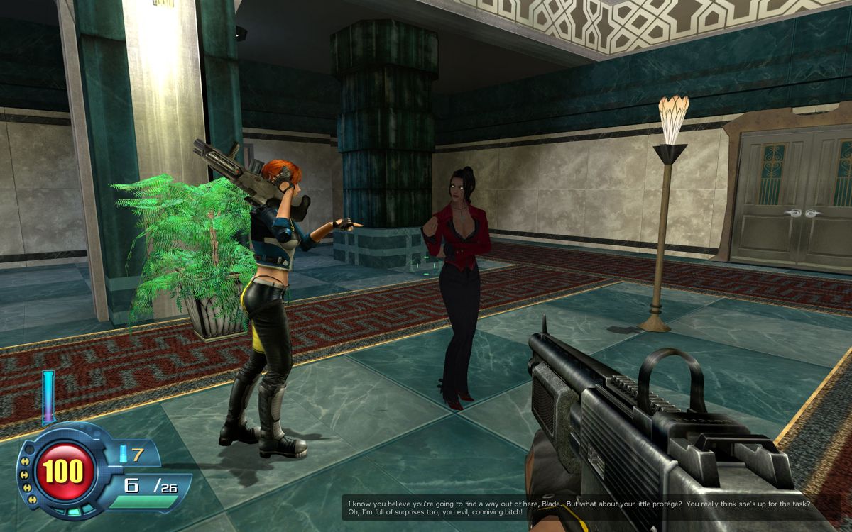 SiN Episodes: Emergence (Windows) screenshot: The villain, Elexis, periodically pops in via hologram to chat us up.