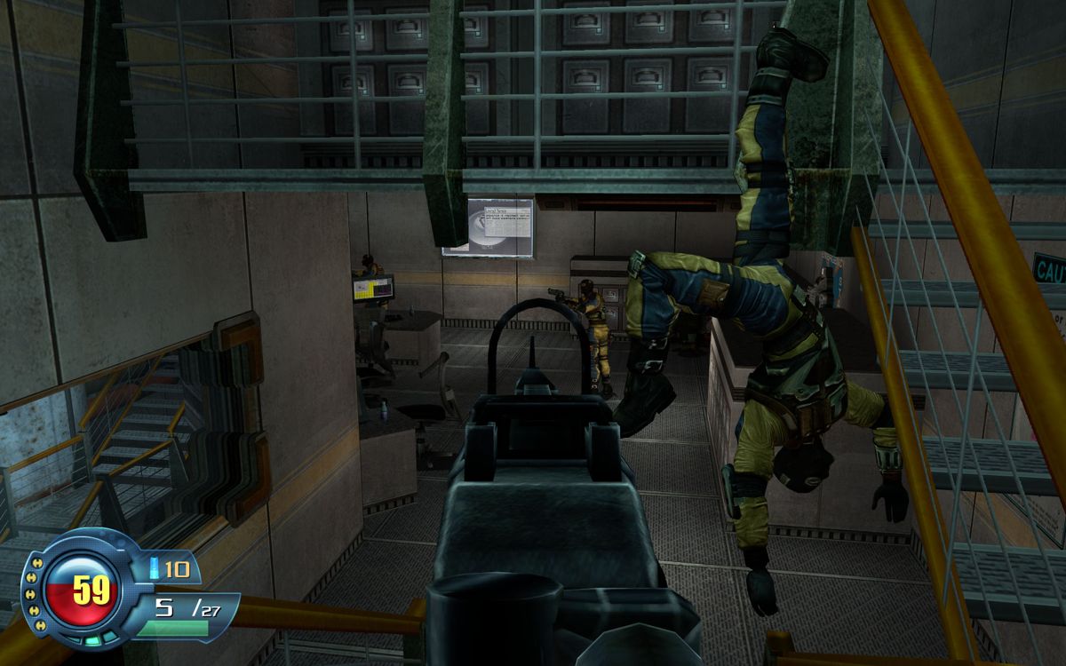 SiN Episodes: Emergence (Windows) screenshot: The physics are robust enough to produce this slightly (and morbidly) hilarious situation of an enemy soldier dangling over the railing after falling.