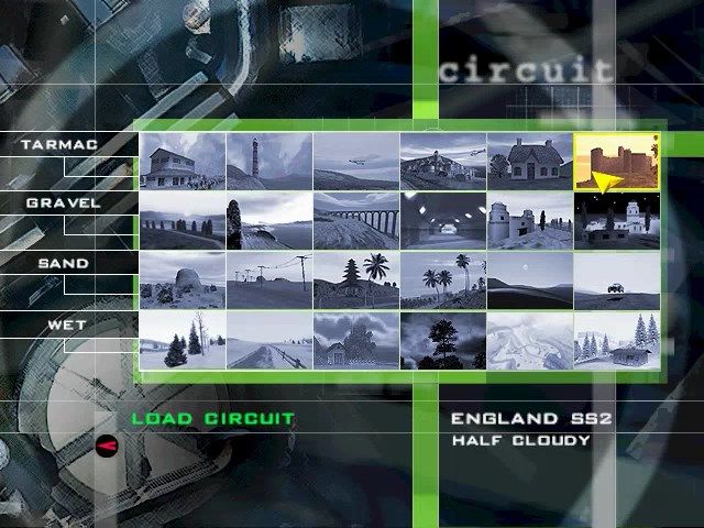 Pro Rally 2001 (Windows) screenshot: Select any circuit to race on - all are available immediately in time trial mode