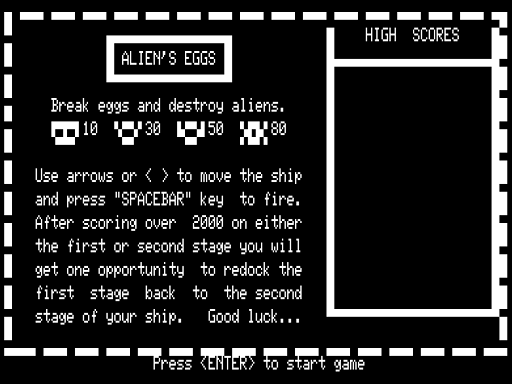 Alien's Eggs (TRS-80) screenshot: Instructions
