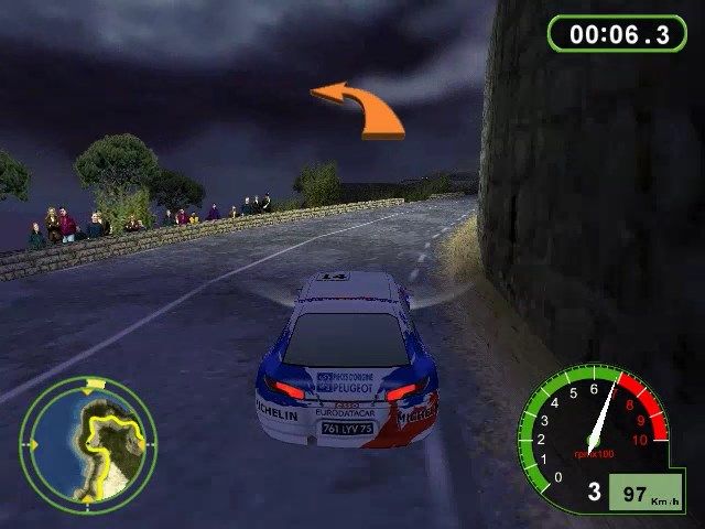 Pro Rally 2001 (Windows) screenshot: Hard left incoming