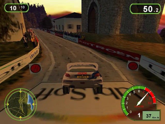 Pro Rally 2001 (Windows) screenshot: Jumping off the start platform in arcade mode