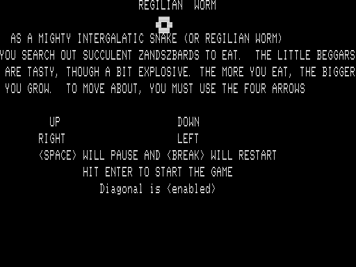 Regilian Worm (TRS-80) screenshot: Instructions