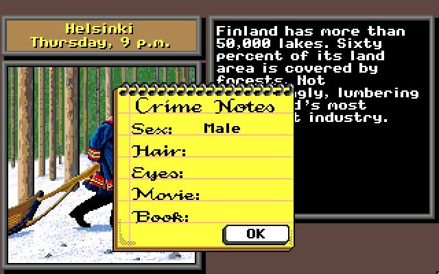 Where in Europe is Carmen Sandiego? (Amiga) screenshot: Enter crime notes here, such as sex, hair color, and eye color
