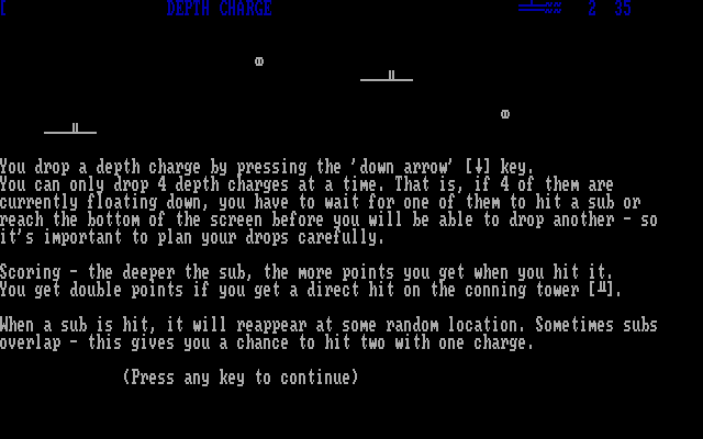 Depth Charge (DOS) screenshot: Instructions screen 2 of 3
